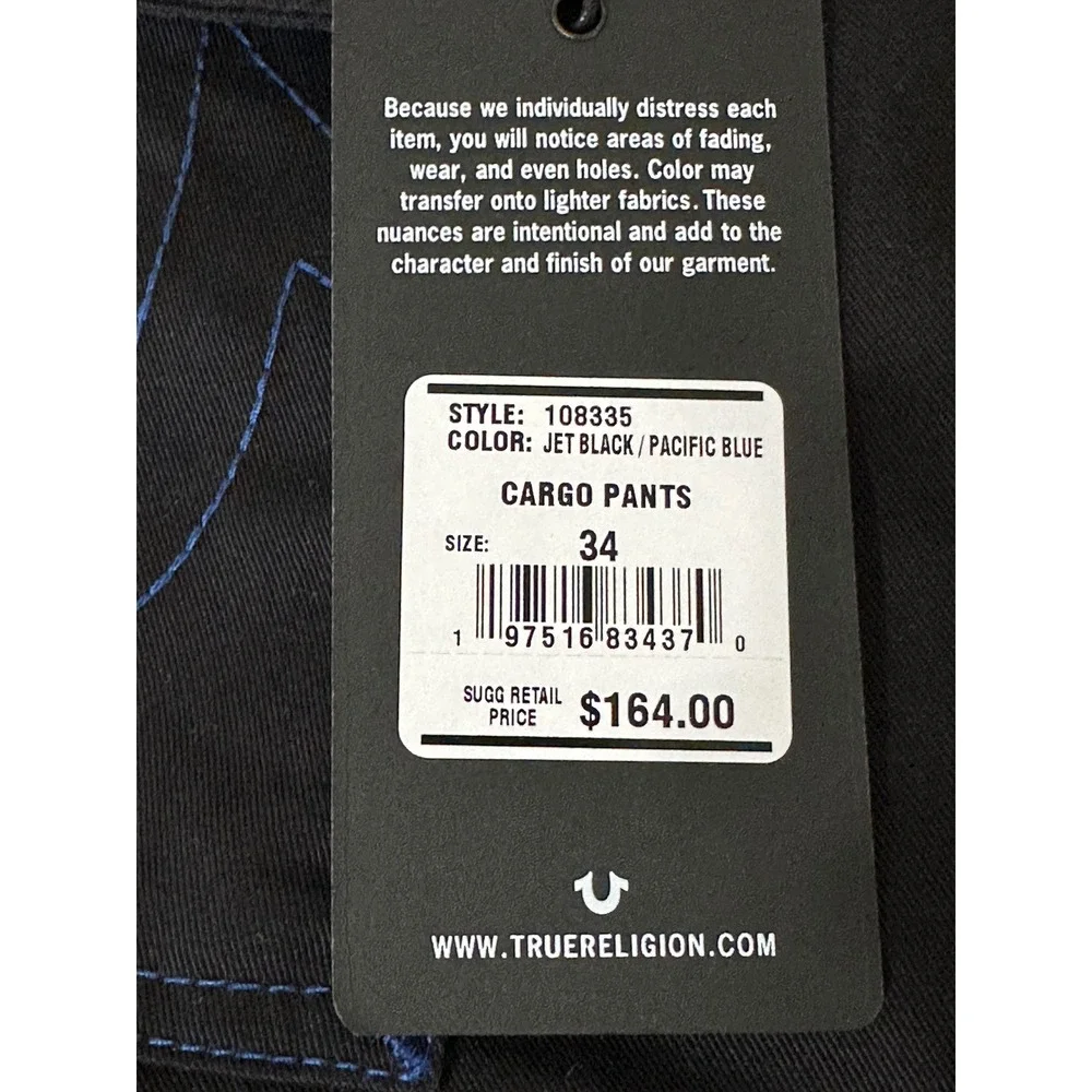 True Religion Mens Black Cargo Pants Blue Contrast Stitch Straight Leg Size 34